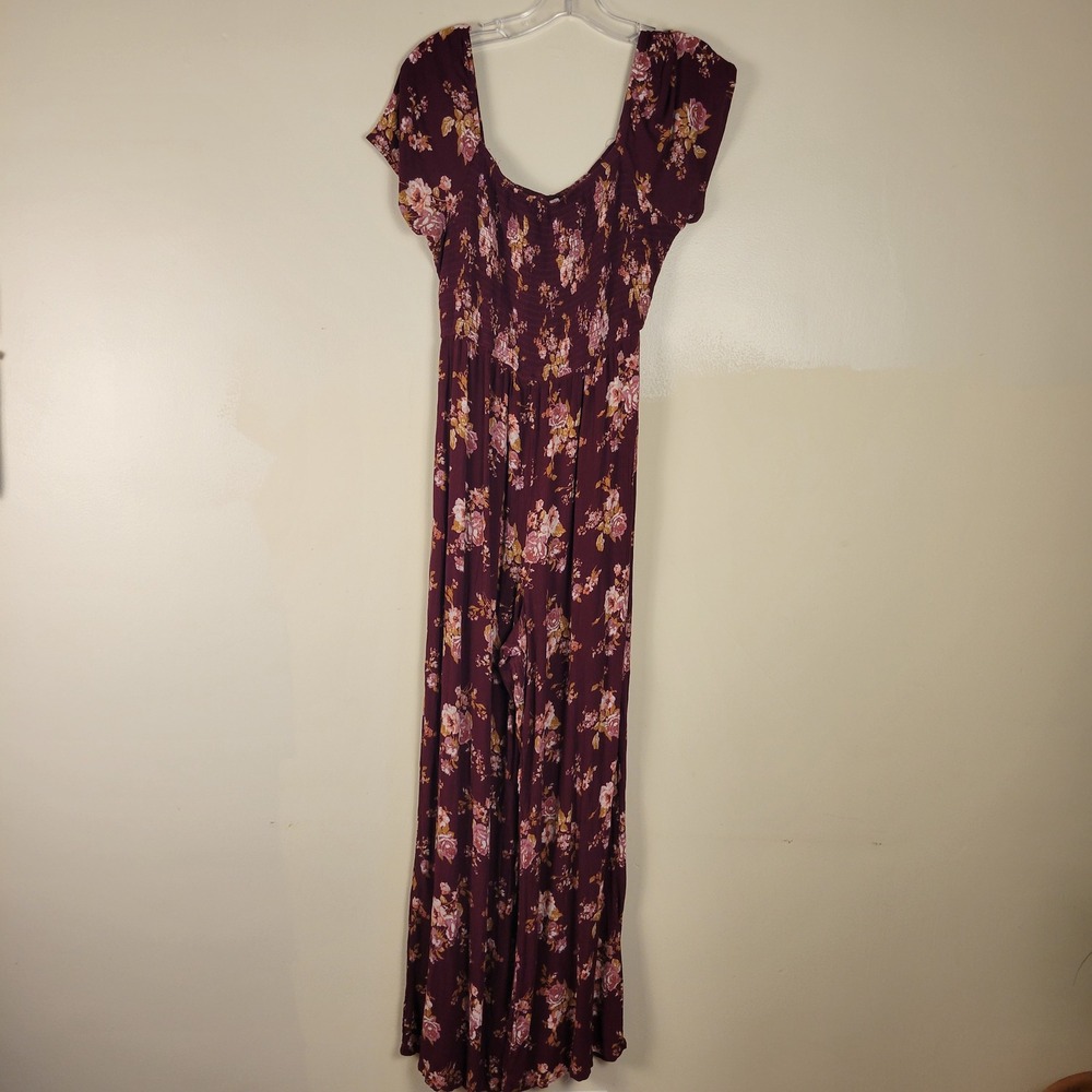 Burgundy Floral Smocked Wide Leg Jumpsuit Square Neck Cap Sleeve Boho Small